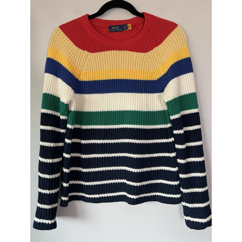 Polo Ralph Lauren Womens Sweater Size M Rainbow Striped Knit Pullover Cotton